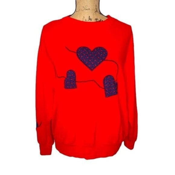 Vintage 80s Red Blue Heart Cute Girly Pullover Crewneck Sweatshirt - Picture 2 of 11